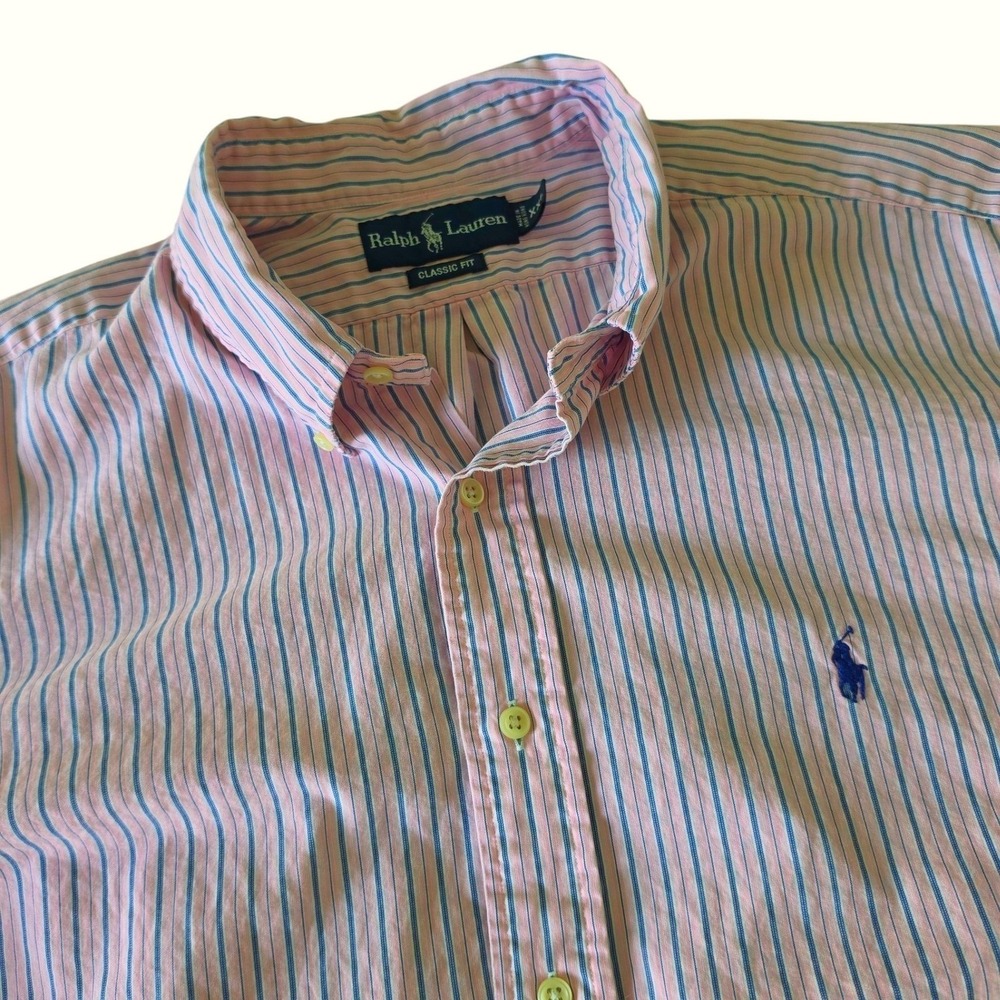 Vintage Ralph Lauren Mens Button Down Shirt Pink Blue Striped‎ Classic Fit XXL